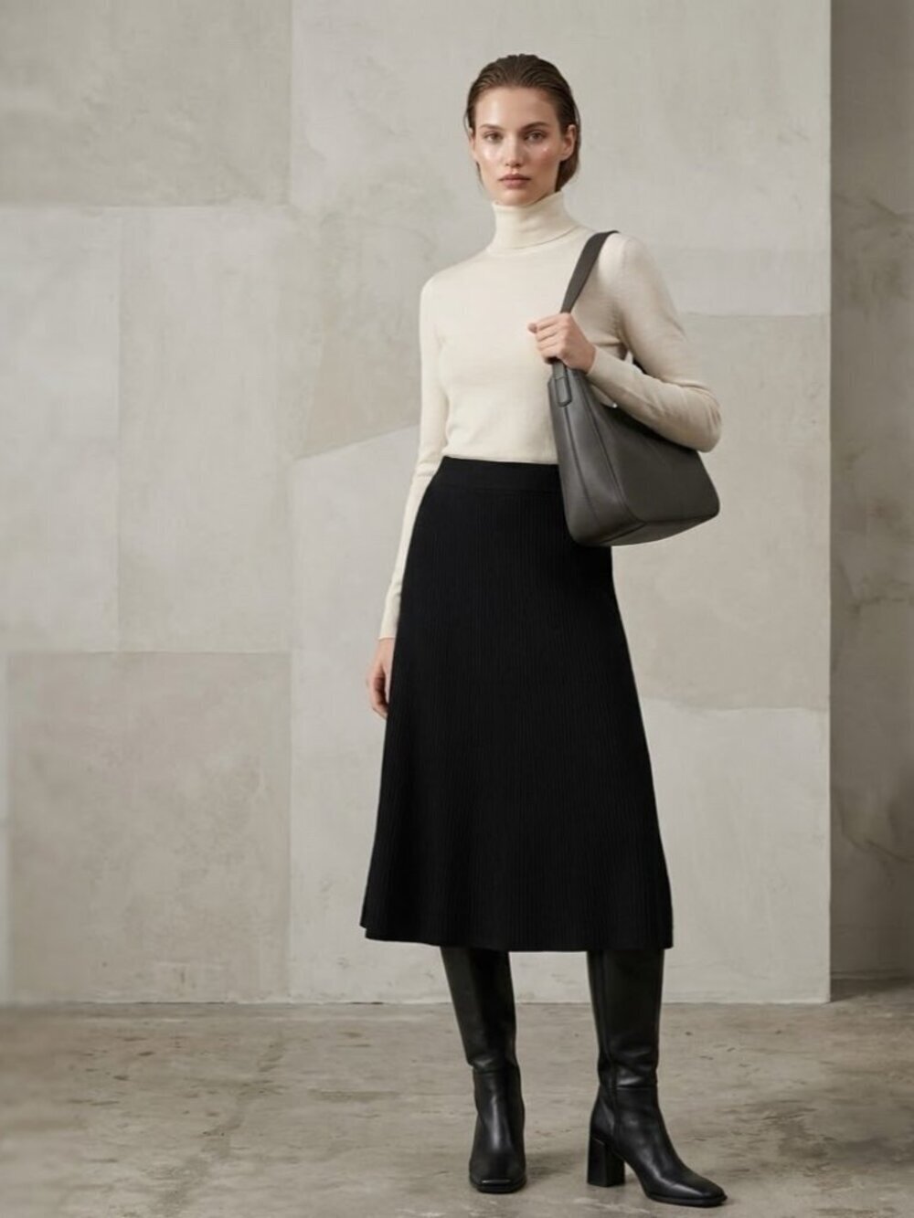 NEW ZARA Black Ribbed Knit Midi Skirt Elastic Waist Minimalist A-Line Size SMALL